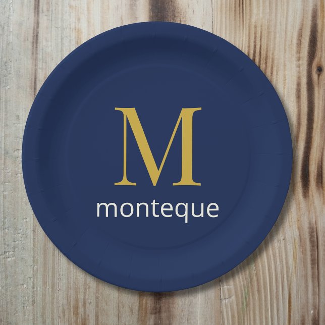 Tiefes Navy Gold Monogramm Personalisierter Name L Pappteller (Von Creator hochgeladen)