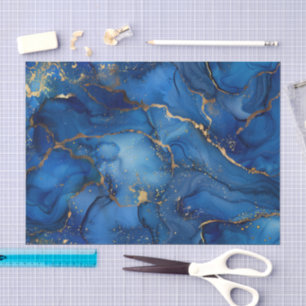 Tiefes Ozeanblau & Gold Wasserfarben Wirbel Decoup Seidenpapier