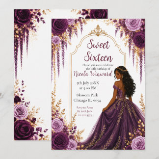 Tiefes Pflaume und Gold Blumen Sweet Sixteen Einladung