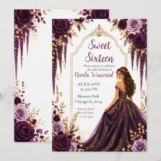 Tiefes Pflaume und Gold Blumen Sweet Sixteen Einladung