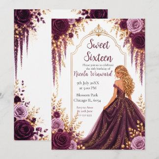 Tiefes Pflaume und Gold Blumen Sweet Sixteen Einladung