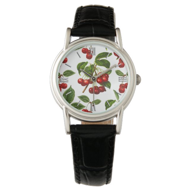 Tiefes rotes Botanisches Kirschmuster Armbanduhr (Vorderseite)