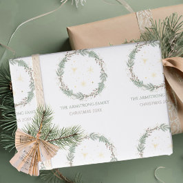 Tiefes Salbei-Kranz Goldene Sterne Weihnachten Fam Geschenkpapier