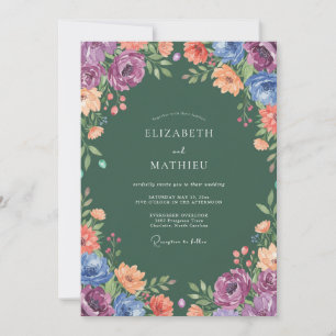 Tiefes Salbei Mehrfarbige Blumige Hochzeit Einladung