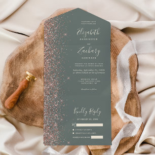 Tiefes Salbeigrün Rosen Gold Glitter Hochzeit All In One Einladung
