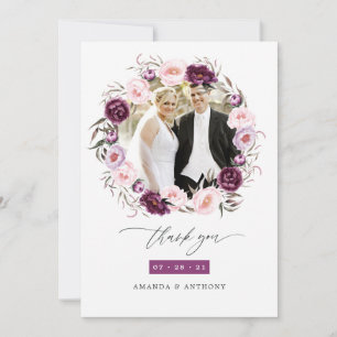 Tiefes Samt- und Rosé-Blumen-Hochzeitsfoto Dankeskarte