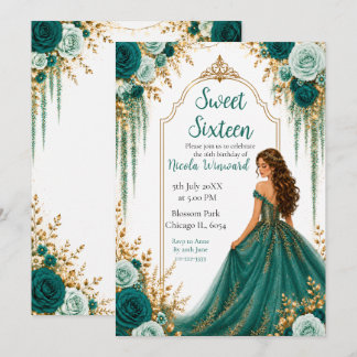 Tiefes Tealgrün und Gold Blumen Sweet Sixteen Einladung