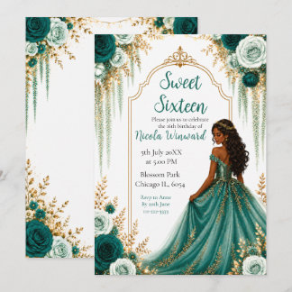 Tiefes Tealgrün und goldene florale Sweet Sixteen Einladung