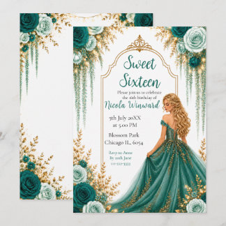 Tiefes Tealgrün und goldene florale Sweet Sixteen Einladung