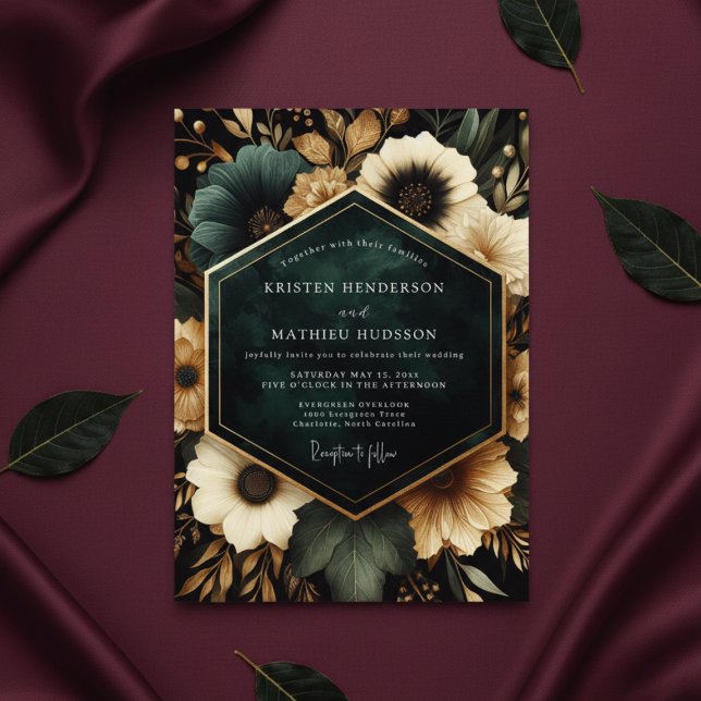 Tiefes Türkisblaues Blumenreiches Opulentes Hochze Einladung (Von Creator hochgeladen)