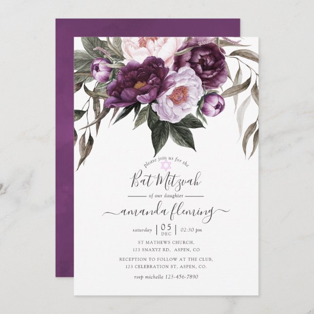Tiefes Velvet Floral Bat Mitzvah Einladung (Vorne/Hinten)