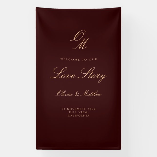 Tiefes Weinrot Willkommen Hochzeit  Banner (Vertikal)
