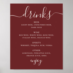 Tiefes Weinrotes Hochzeitsgetränke-Menü. Modernes  Poster