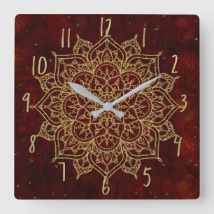 Tiefes Weinrotes Mandala & Gold Glamour Modern Chi Quadratische Wanduhr
