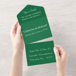 Tiefgrüne All-in-One-Hochzeits-Einladung – Modern All In One Einladung