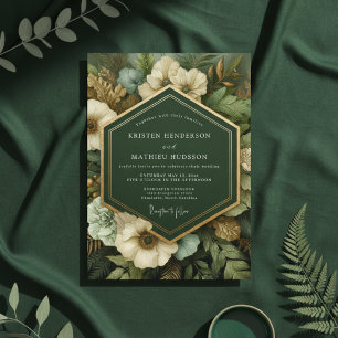 Tiefgrüne botanische opulente Hochzeit Einladung
