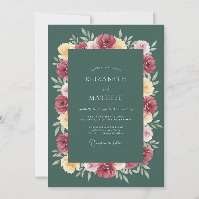 Tiefgrüne florale Hochzeit Einladung (Vorderseite)
