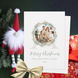 Tiefgrüne Kränze-Monogramm-Foto-Weihnachten Feiertagskarte