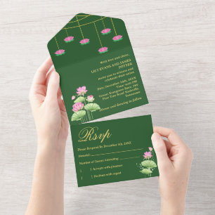 Tiefgrüne Lotusblumen-Indische Hochzeit All In One Einladung