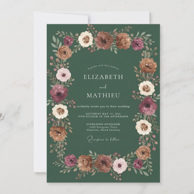 Tiefgrüne Rustikale Florale Hochzeit Einladung (Vorderseite)
