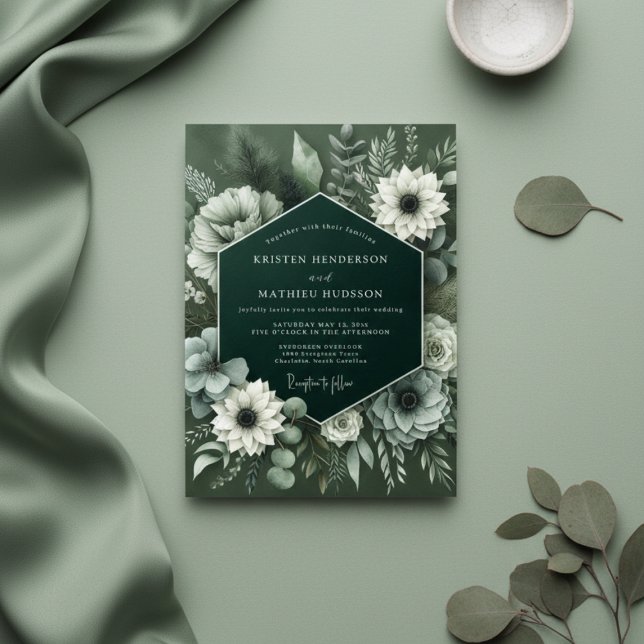 Tiefgrünes üppiges botanisches Hochzeitsdesign Einladung (Von Creator hochgeladen)