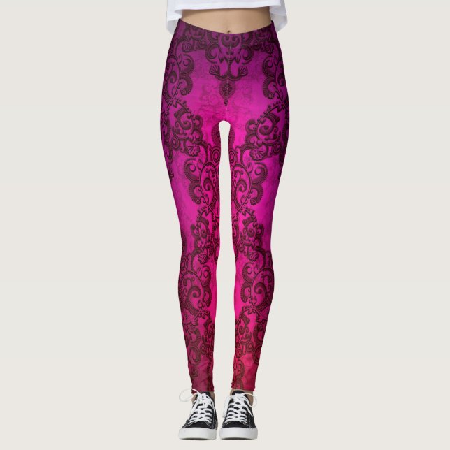 Tiefrosa Fancy Damast Boho Style Leggings (Vorderseite)