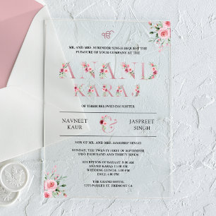 Tiefrosa florale Typografie Anand Karaj Sikh-Hochz Acryleinladungen