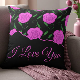 Tiefrosa Rosen auf Schwarz - Love You Kissen