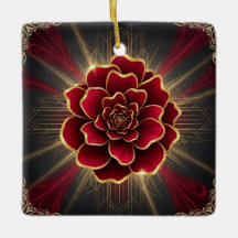 Tiefrote Art Deco-Blumenverzierung mit goldenen Ak
