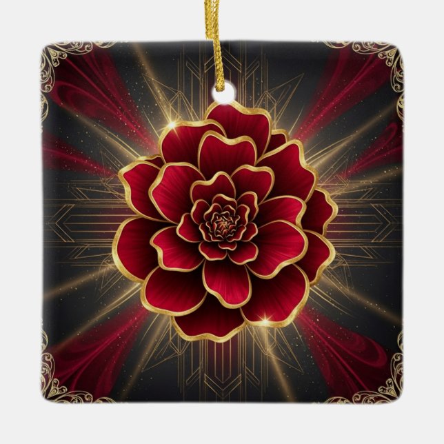 Tiefrote Art Deco-Blumenverzierung mit goldenen Ak Keramikornament (Vorderseite)