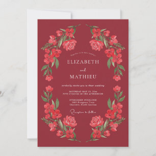 Tiefrote botanische Aquarell-Hochzeit Einladung