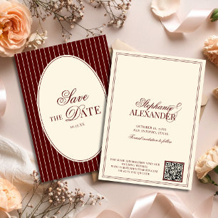 Tiefrote Burgunder Streifen Old Money Hochzeits QR Save The Date