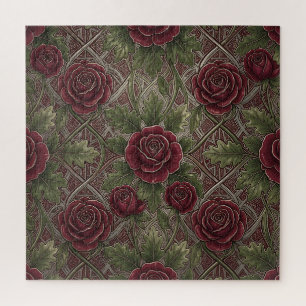 Tiefrote Burgunderrosen Grüne Ornamentale Gitter Puzzle