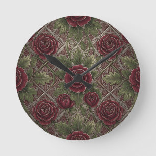Tiefrote Burgunderrosen Grüne Ornamentale Gitter  Runde Wanduhr