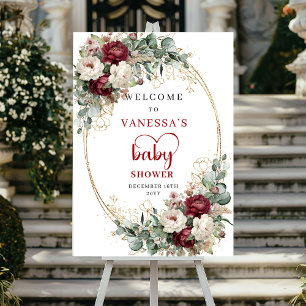 Tiefrote Burgunderrote Blumen Baby Shower Willkomm Poster