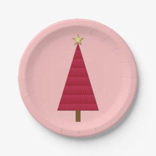 Tiefrote Damast-Weihnachtsbaum modern Pappteller