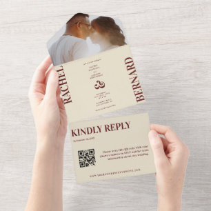 Tiefrote & Elfenbein-Typografie QR-Code-Hochzeit All In One Einladung