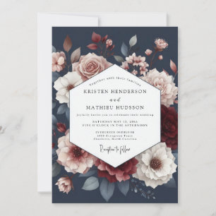 Tiefrote Florale Romanze-Hochzeit Einladung