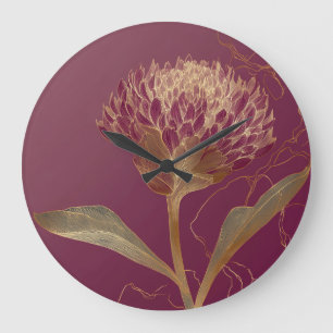 Tiefrote Goldene Botanische Blumenlinienzeichnung Große Wanduhr