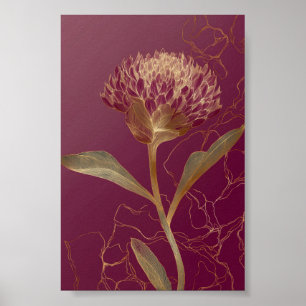 Tiefrote Goldene Botanische Blumenlinienzeichnung Poster