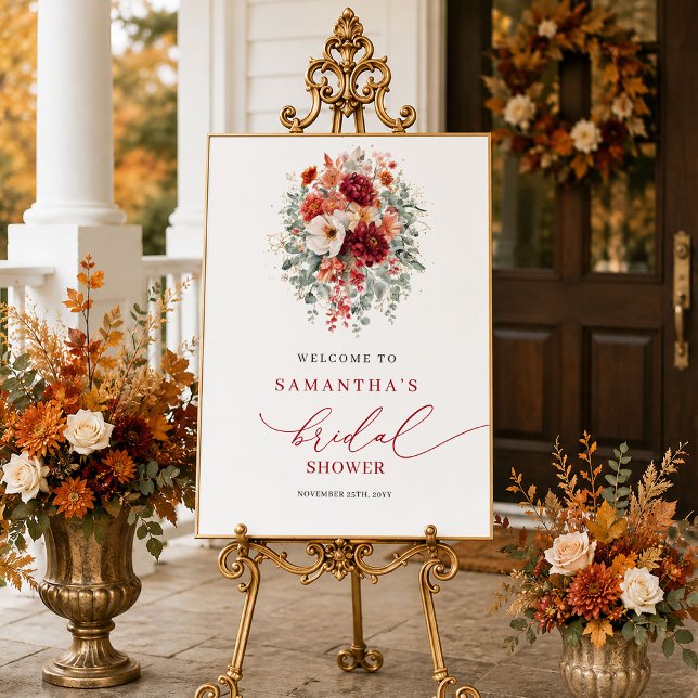 Tiefrote herbstliche Blumen-Hochzeitsdusche-Willko Poster (Deep red autumn floral bridal shower welcome sign art)