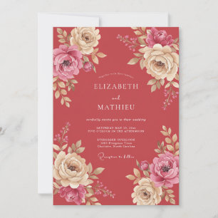 Tiefrote Korallen-Blüten-Hochzeit Einladung