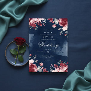 Tiefrote Pflaumen-Blumen-Aquarell-Hochzeit Einladung
