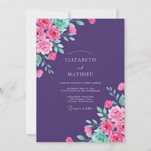 Tiefrote Pflaumen-Vibrante Florale Romanze-Hochzei Einladung