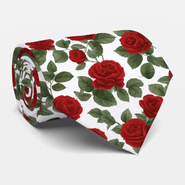 Tiefrote Rosen mit Blättern Nahtloses Muster Krawatte (Gerollt)