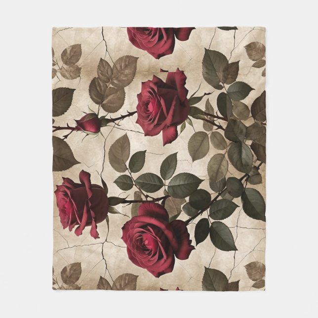 Tiefrote Rosen mit dunkelgrünen Blättern Fleecedecke (Vorderseite)
