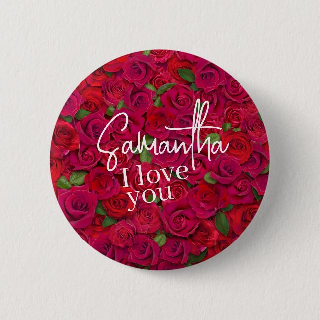 Tiefrote Rosenmuster Ich liebe dich mit individuel Button (Vorderseite)
