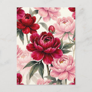 Tiefrote und rosa Pfingstrosen-Blumen-Aquarell-Mus Postkarte