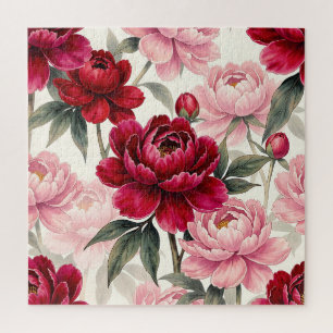 Tiefrote und rosa Pfingstrosen-Blumen-Aquarell-Mus Puzzle