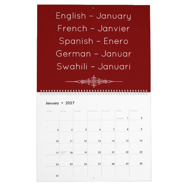 Tiefroter mehrsprachiger Kalender (Jan 2027)